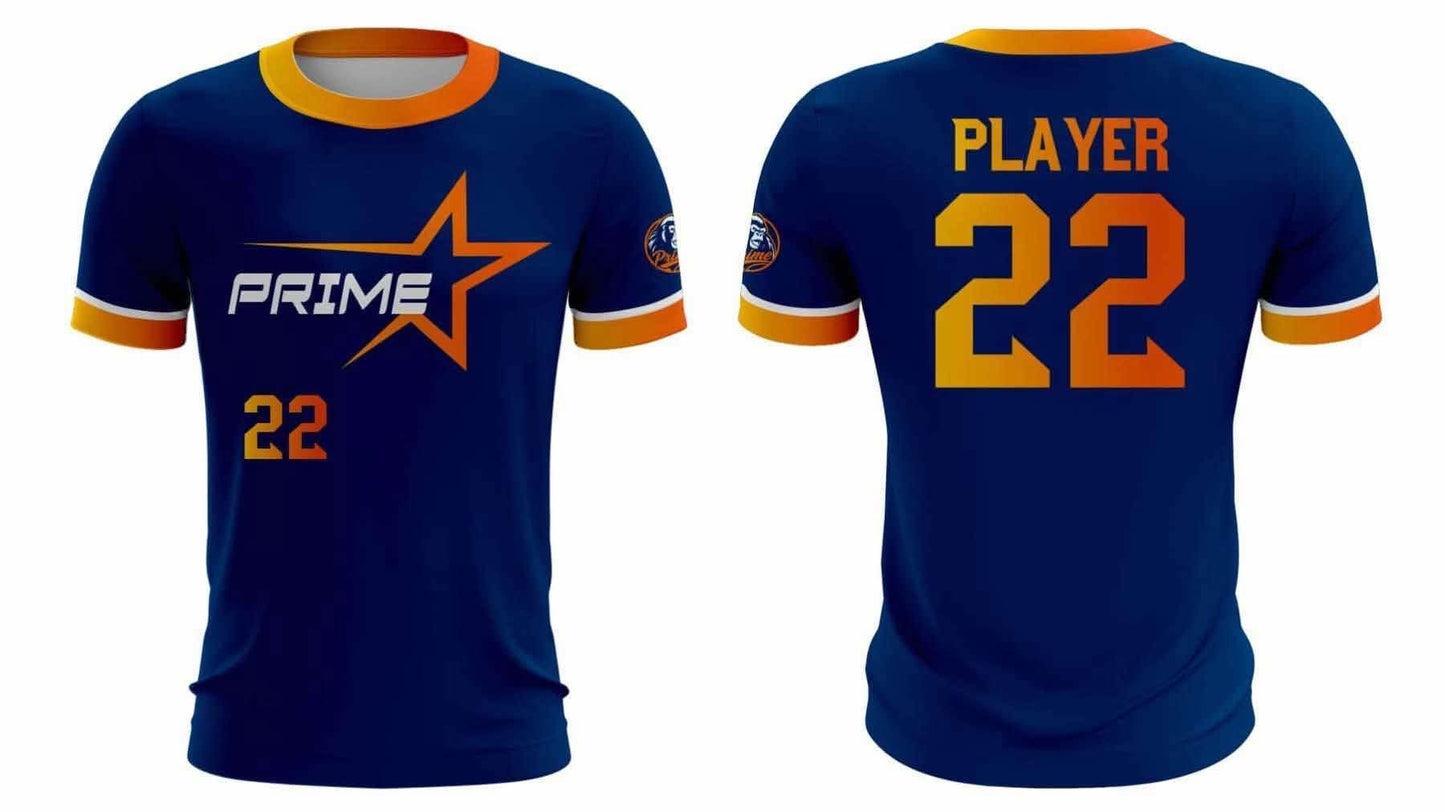 Navy and orange Prime Star polyester jersey, front and back view, with custom player name and number 22