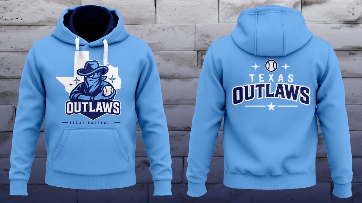 Light blue Texas Outlaws pullover hoodie with Texas silhouette mascot graphic, front and back view