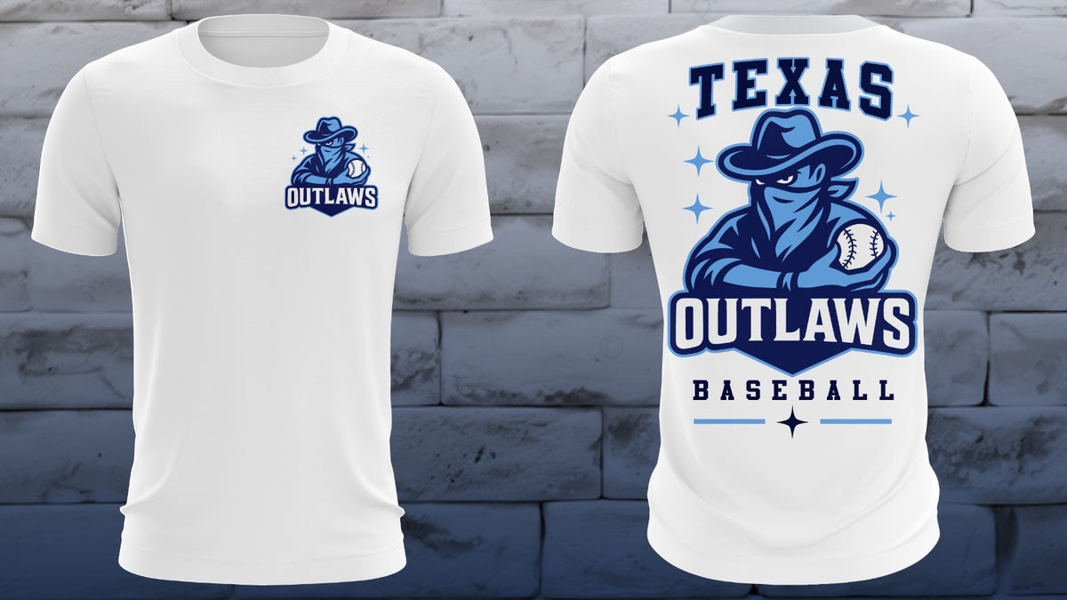 White Texas Outlaws baseball tee with small front logo and large back mascot graphic