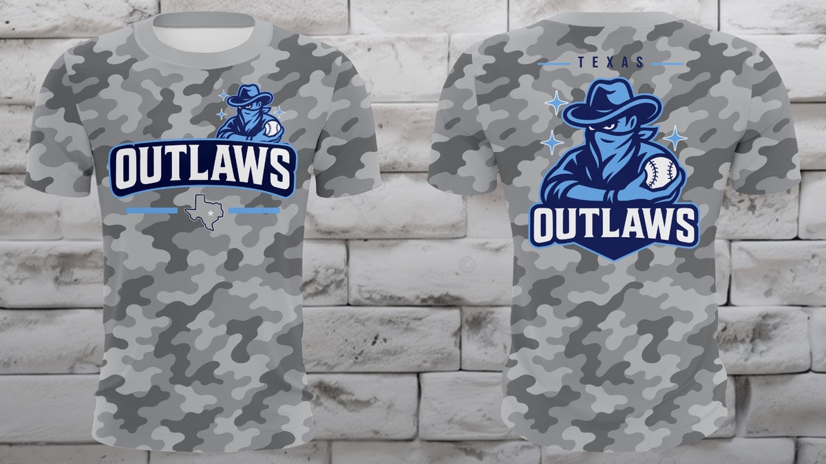 Grey camo Texas Outlaws tee with mascot badge front and large graphic back