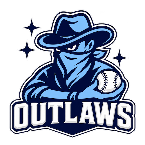 Texas Outlaws baseball team logo - masked outlaw mascot in cowboy hat holding baseball, navy and light blue