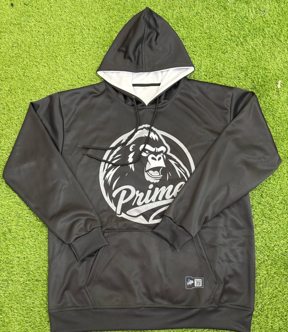Black hoodie with gorilla logo and Prime wordmark screen print