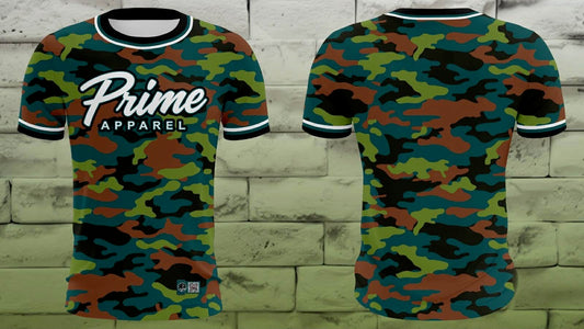 Camo baseball jersey featuring Prime Apparel logo and contrast trim