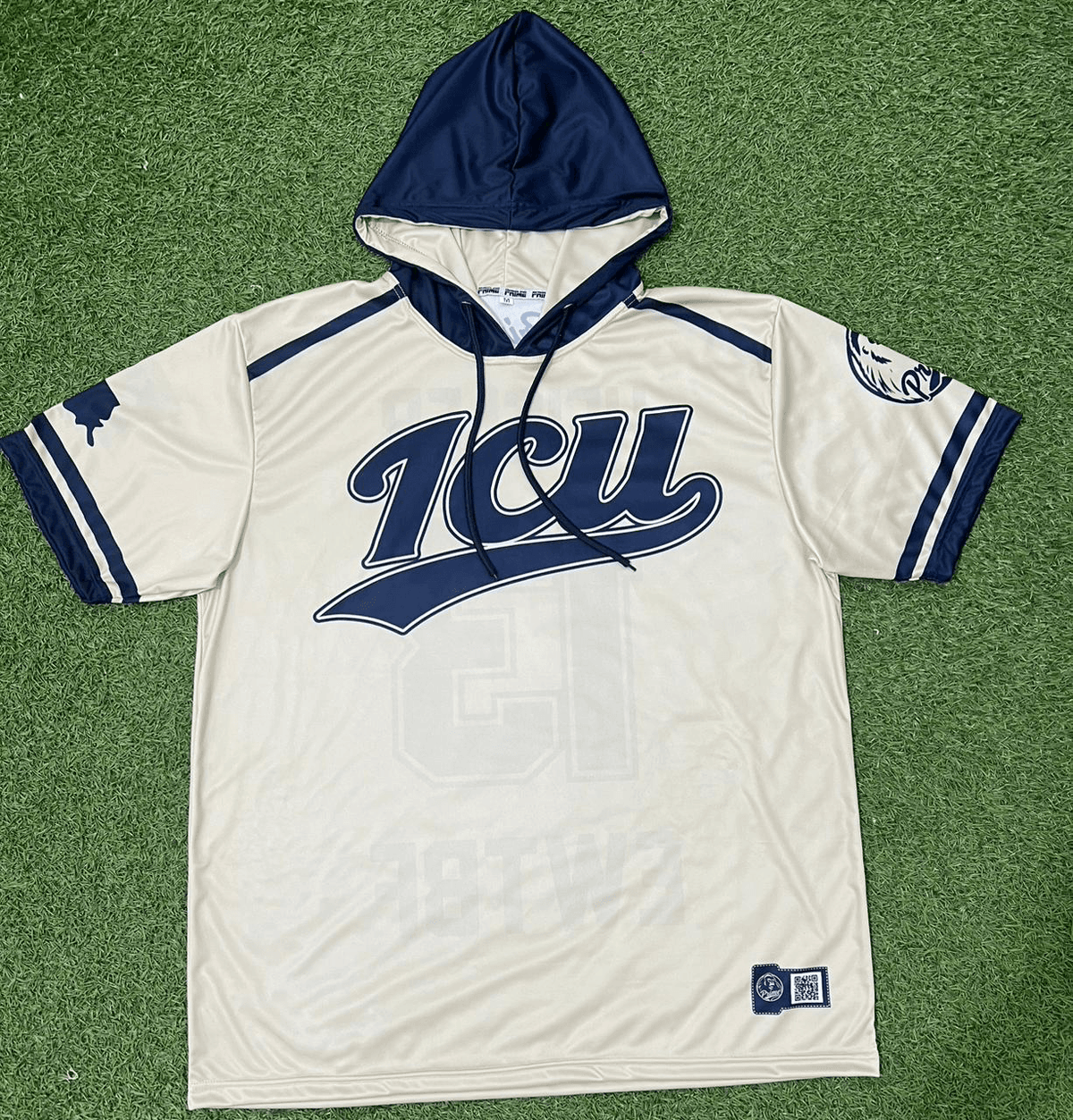 Cream and navy ICU hooded baseball jersey with team wordmark, Prime Apparel