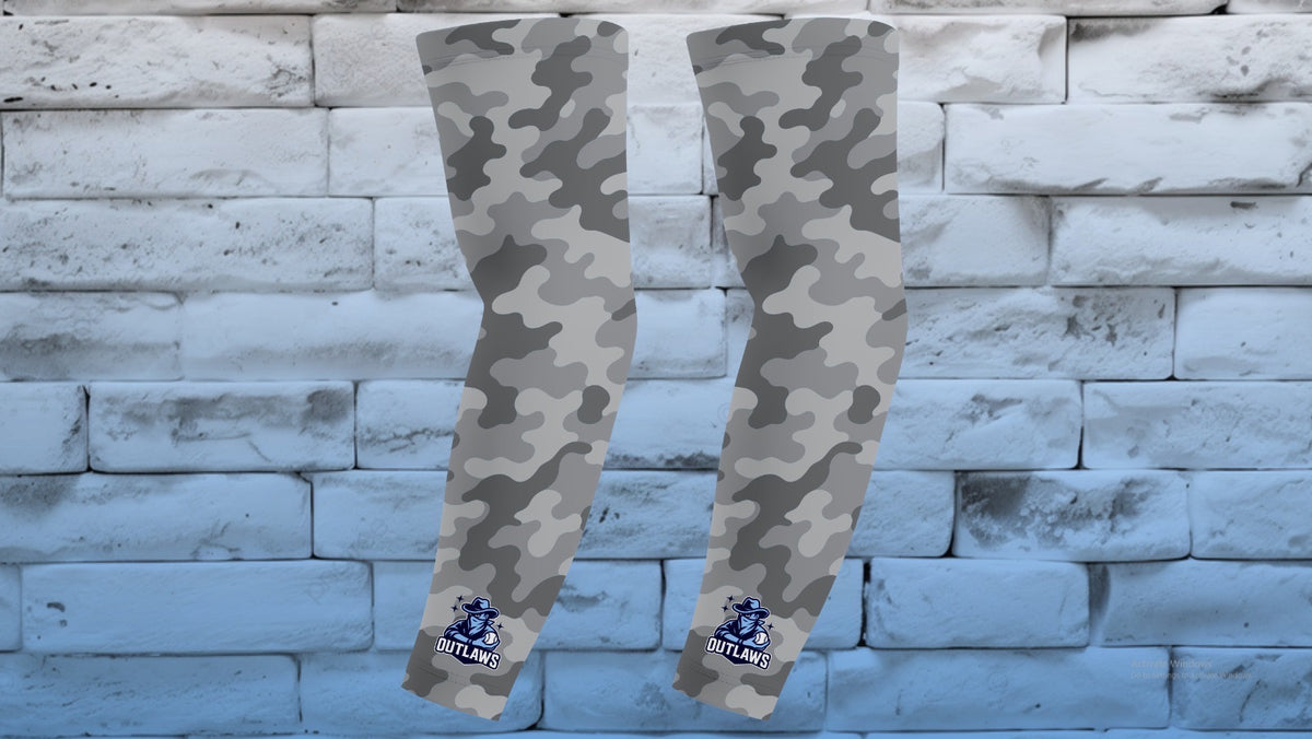 Pair of grey camo Outlaws compression arm sleeves with mascot logo