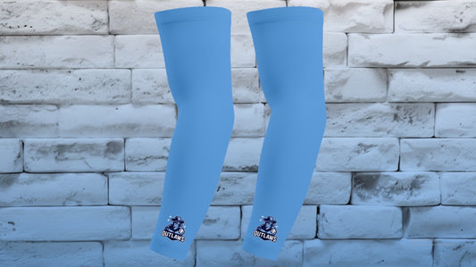 Pair of light blue Outlaws compression arm sleeves with mascot logo