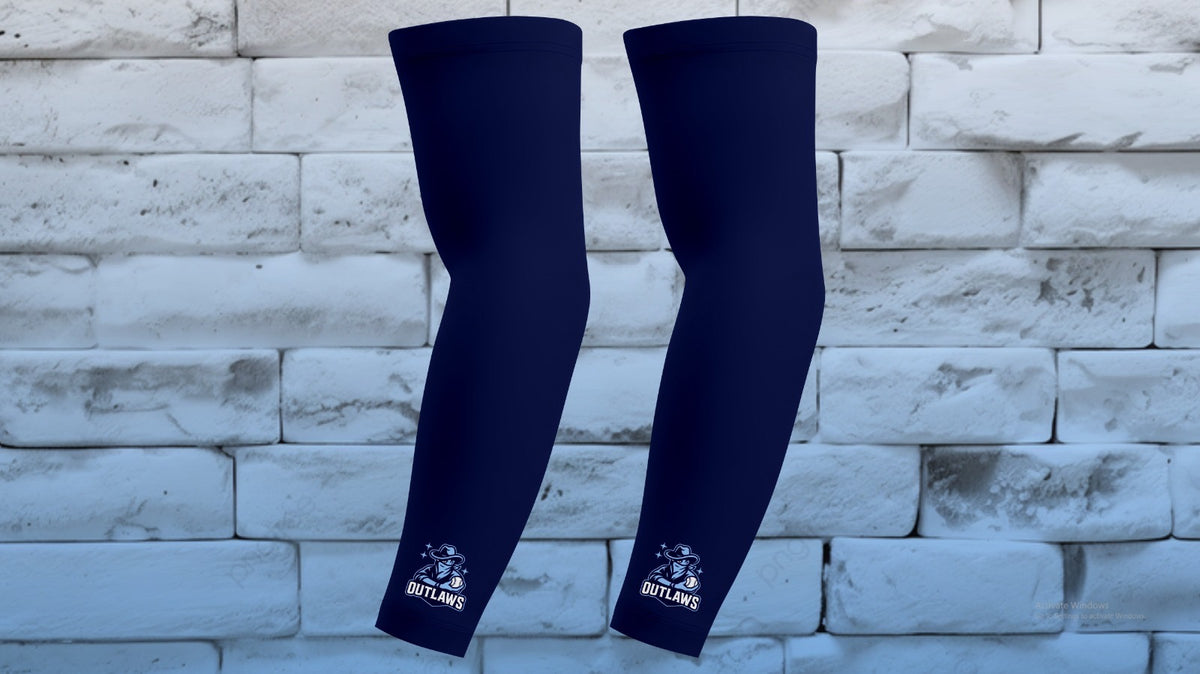 Pair of navy Outlaws compression arm sleeves with mascot logo