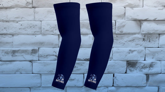 Pair of navy Outlaws compression arm sleeves with mascot logo