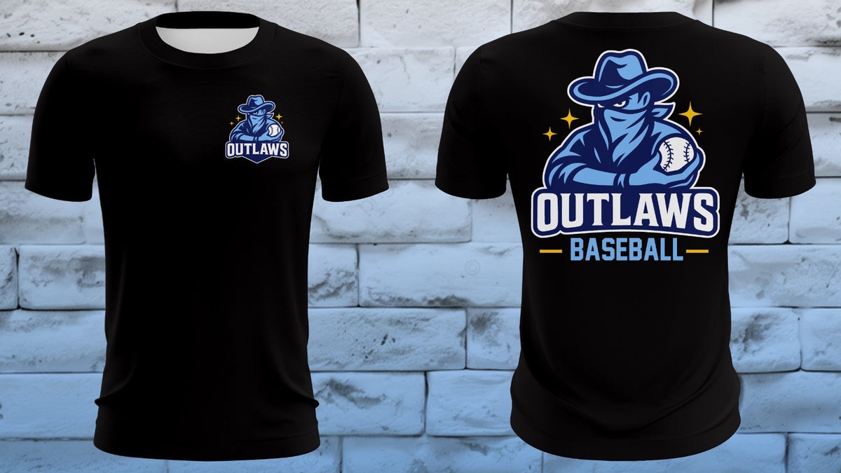 Black Outlaws baseball tee with front logo and gold-accented back mascot graphic
