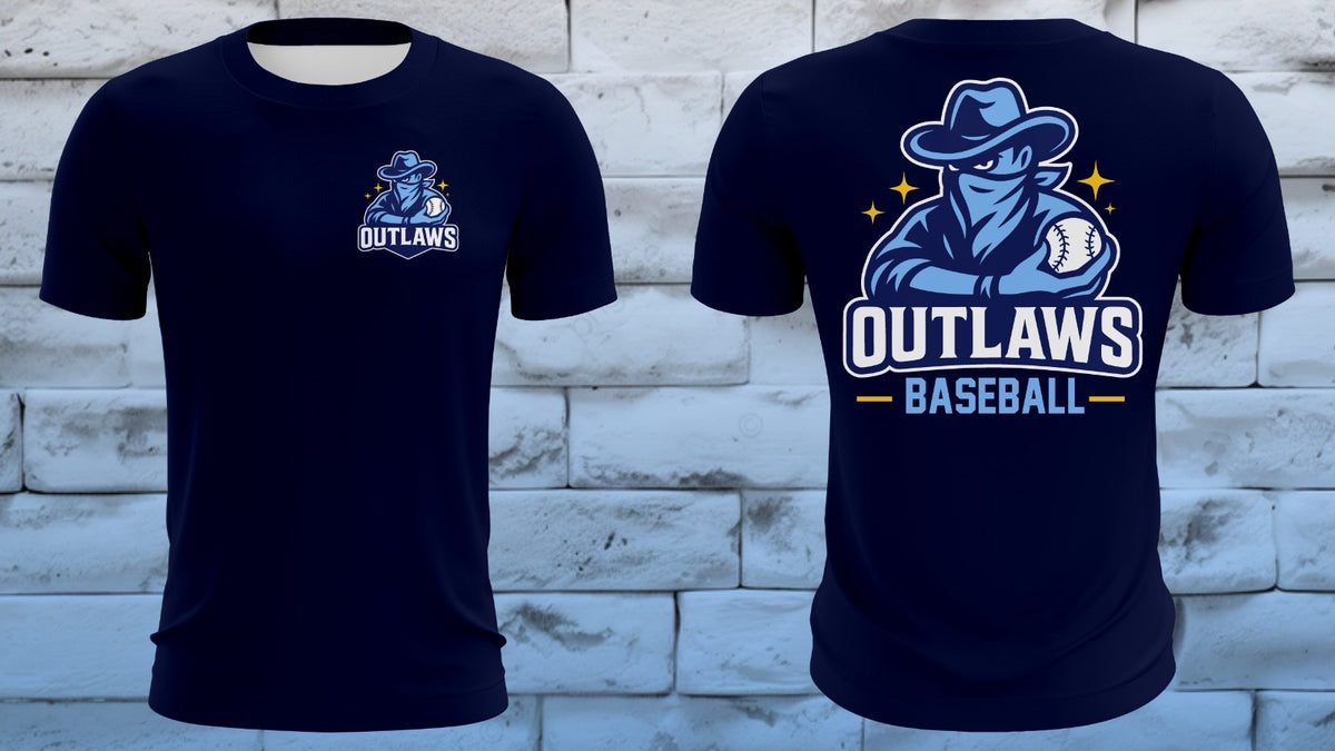 Navy Outlaws baseball tee with front logo and gold-accented back mascot graphic