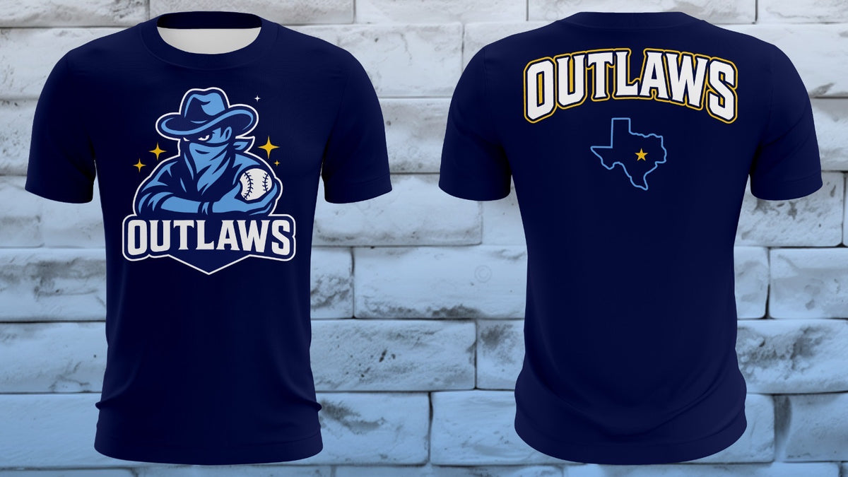 Navy Outlaws tee with gold-accented mascot graphic front and Texas outline back print