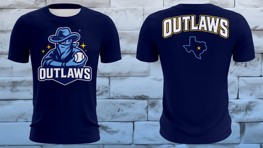 Navy Outlaws tee with gold-accented mascot graphic front and Texas outline back print
