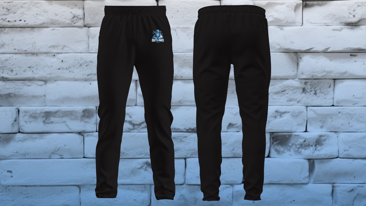 Black Outlaws jogger sweatpants with mascot logo, front and back view