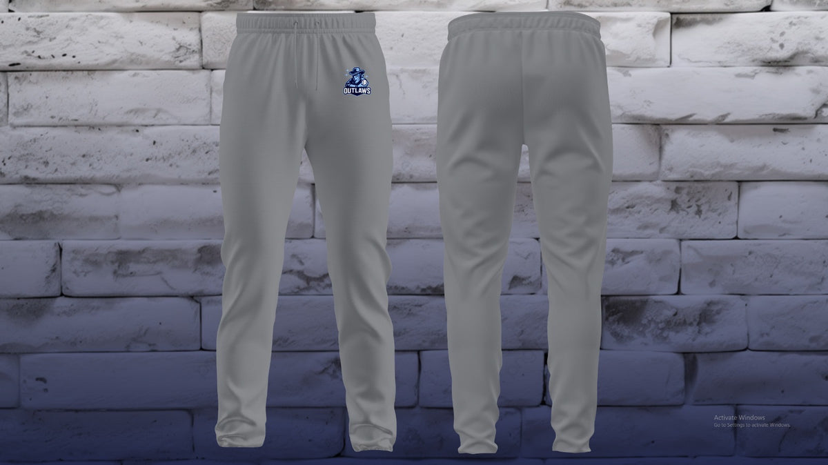 Grey Outlaws jogger sweatpants with mascot logo, front and back view