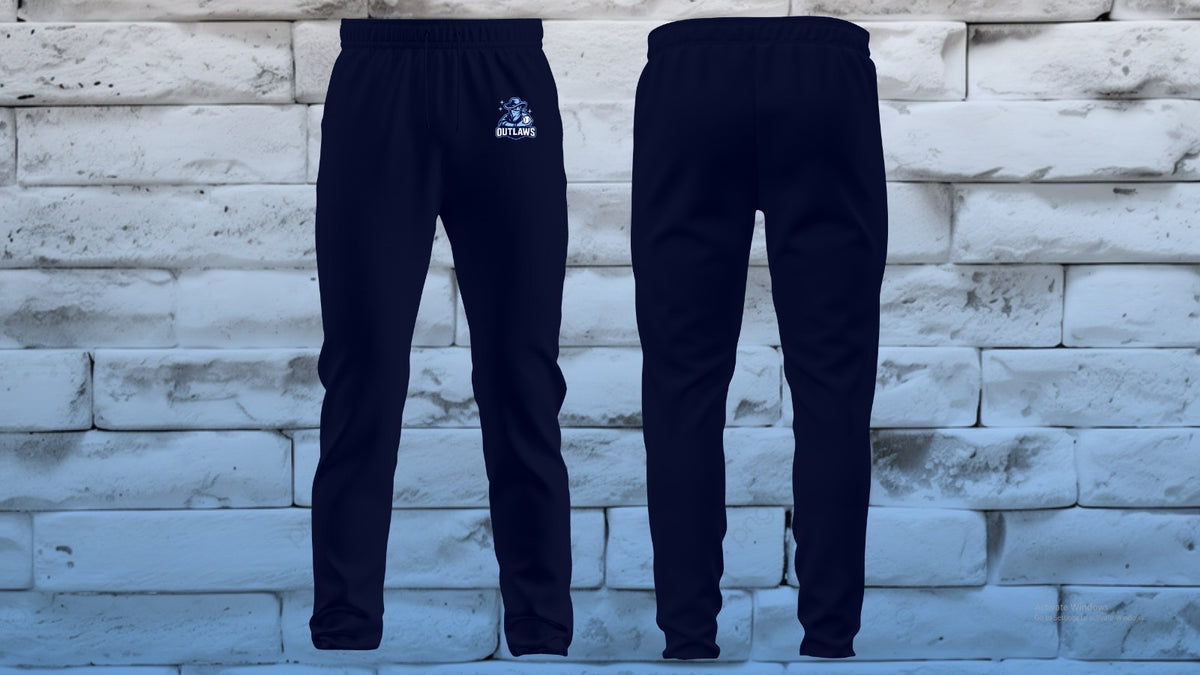 Navy Outlaws jogger sweatpants with mascot logo, front and back view