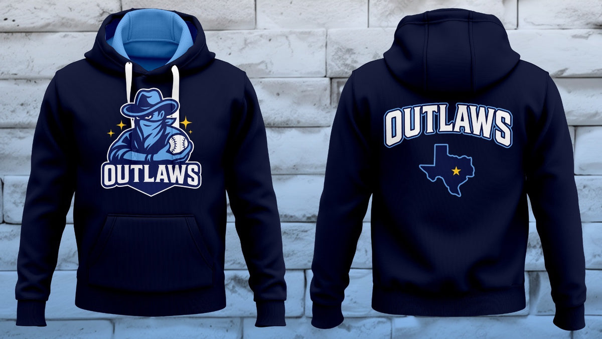 Navy Outlaws pullover hoodie with mascot logo front and arched wordmark back print