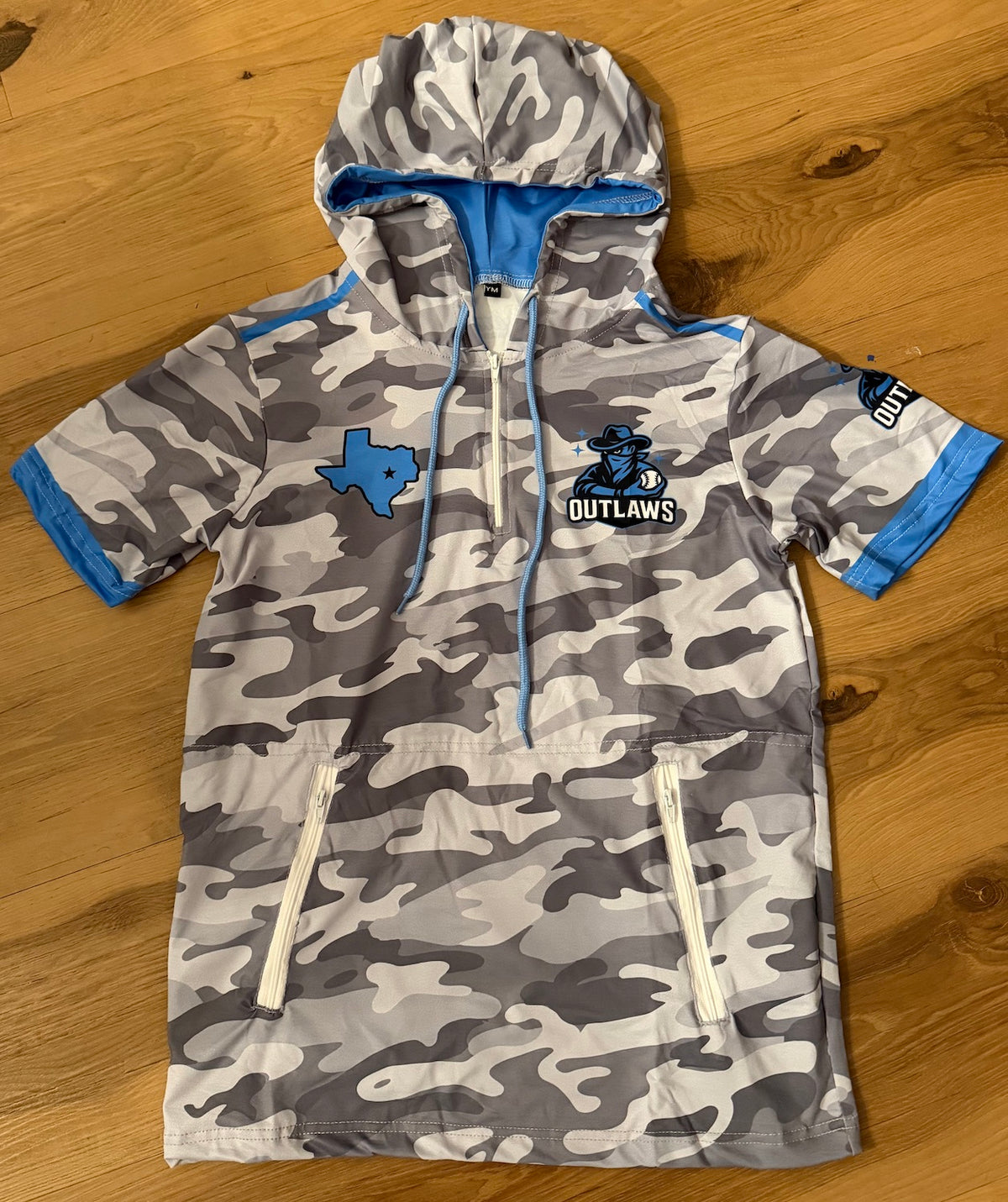 Grey camo Outlaws quarter-zip hooded top with Texas mascot chest graphic