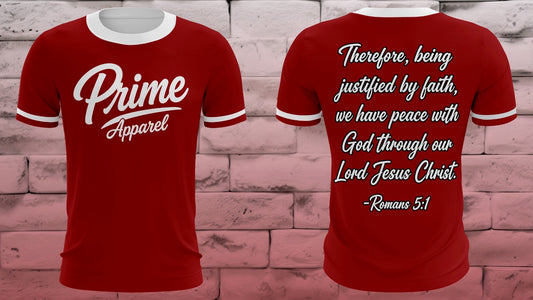 Red Prime Apparel jersey with white trim and Romans 5:1 Bible verse printed on the back