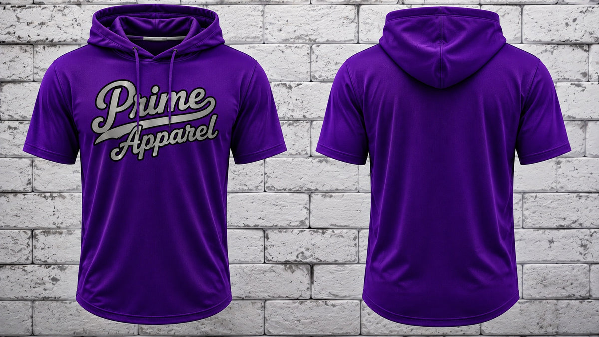 Purple short sleeve hooded jersey with silver Prime Apparel script logo, front and back view