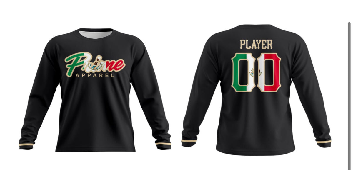 Black long sleeve Prime Apparel jersey with Mexico flag-inspired number design on the back
