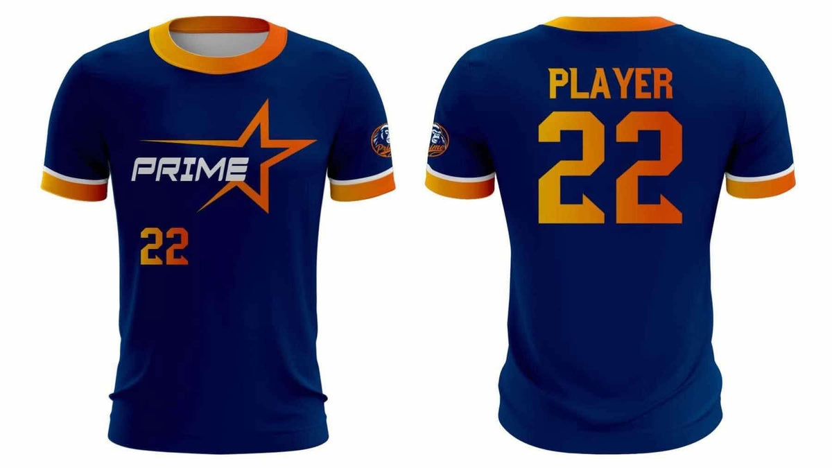 Navy and orange Prime Star polyester jersey, front and back view, with custom player name and number 22