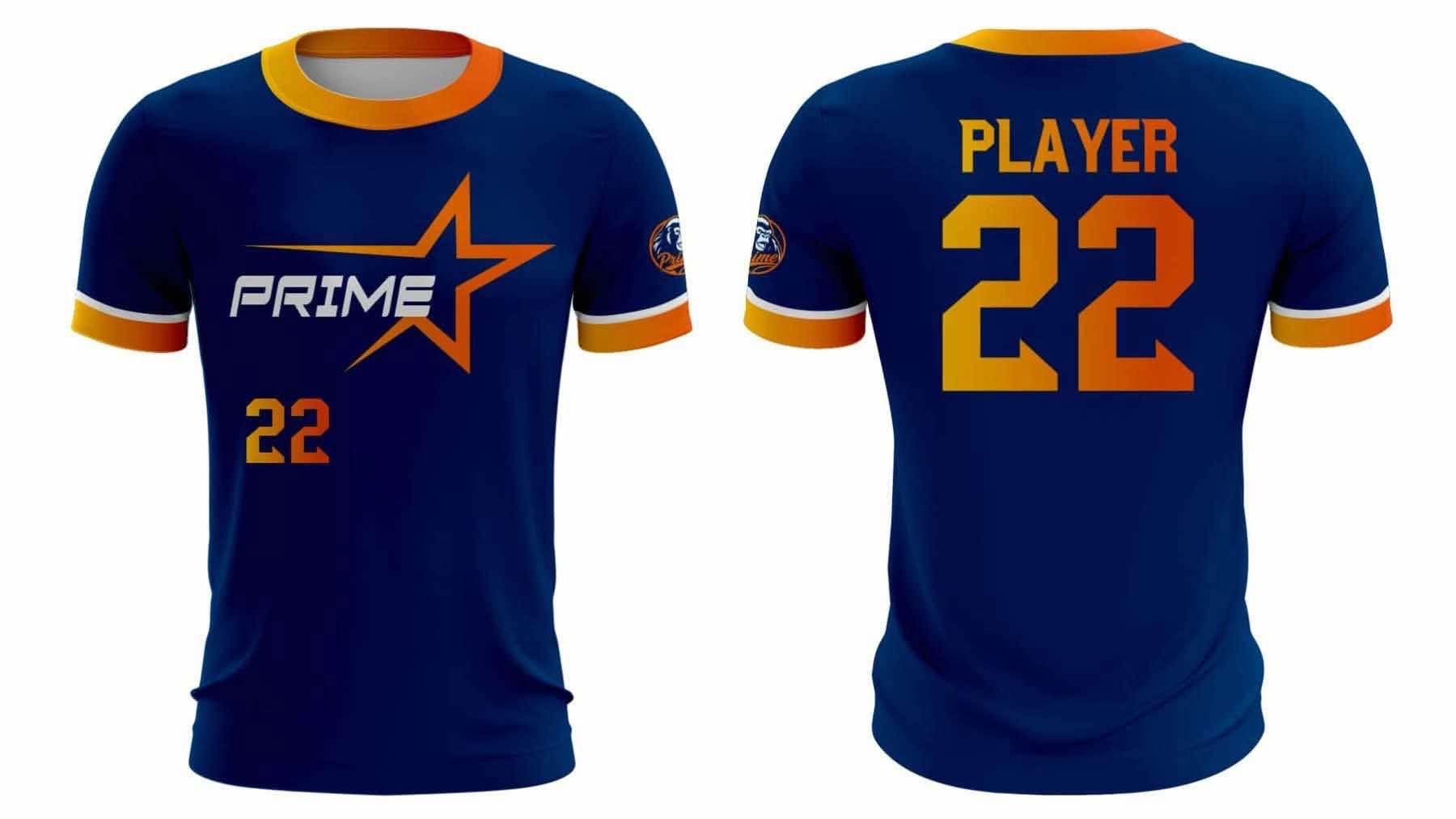 Navy and orange Prime Star polyester jersey, front and back view, with custom player name and number 22