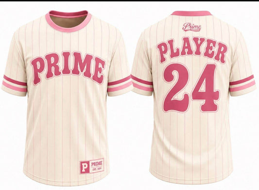 Pink pinstripe baseball jersey with PRIME player graphic