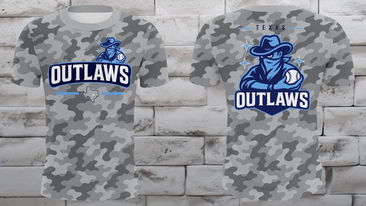 Grey camo Texas Outlaws tee with mascot badge front and large graphic back