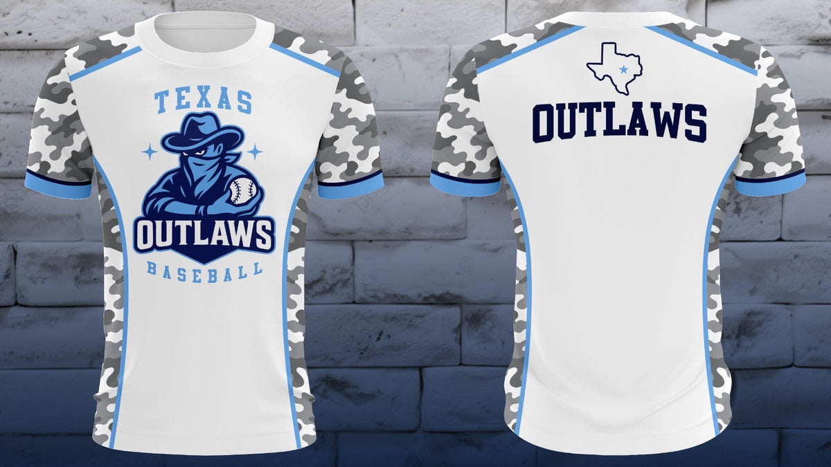 White Texas Outlaws colorblock tee with grey camo side panels and mascot graphic
