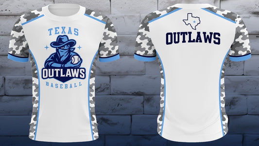 White Texas Outlaws colorblock tee with grey camo side panels and mascot graphic
