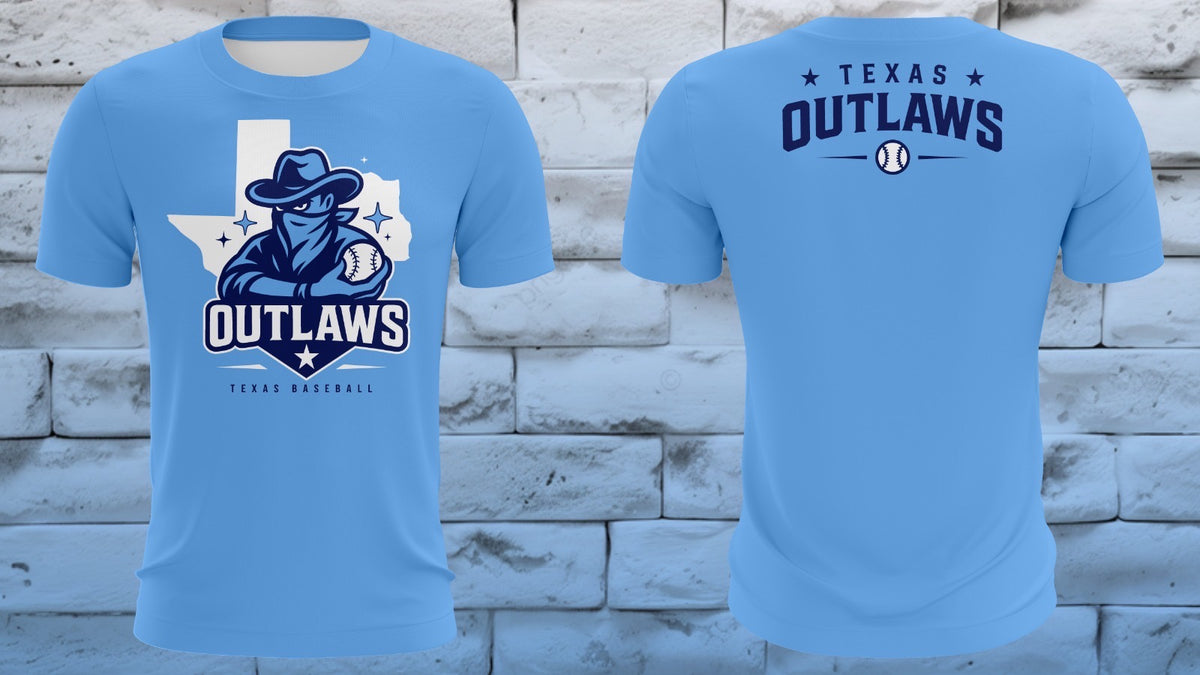Light blue Texas Outlaws tee with Texas state silhouette mascot graphic, front and back view