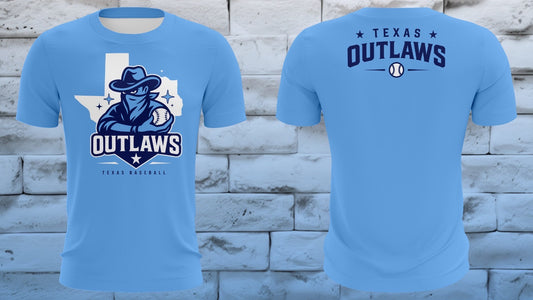 Light blue Texas Outlaws tee with Texas state silhouette mascot graphic, front and back view